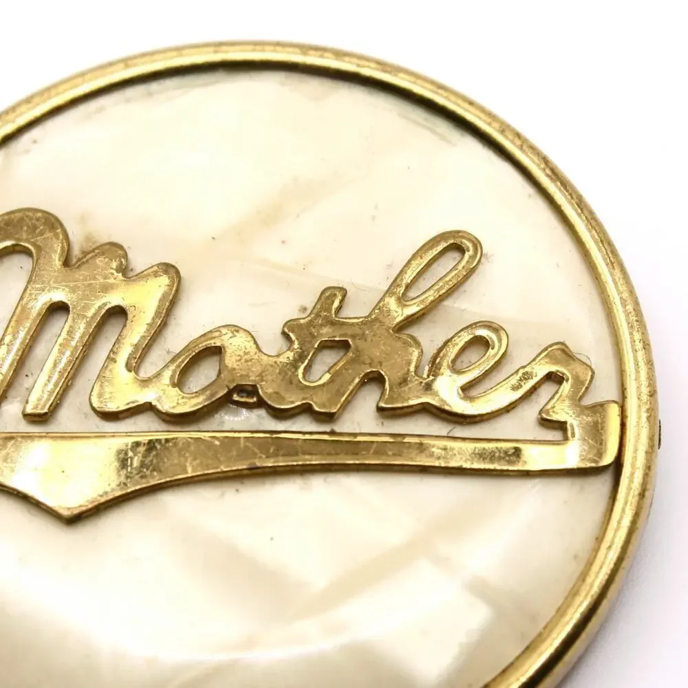 Vintage Mother Brooch Round Pin w Faux Mother of Pearl Background 2” - Hey Viv